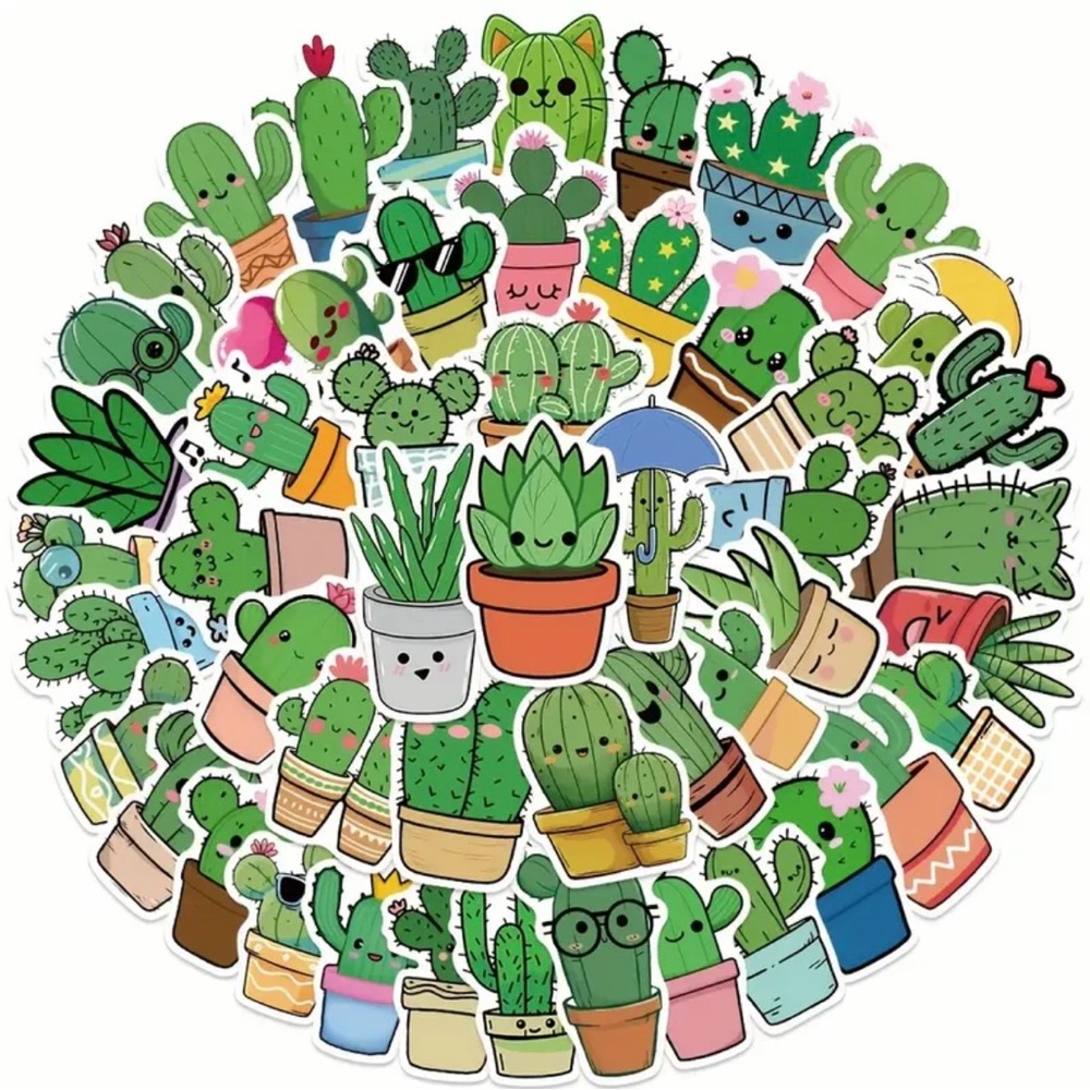50 Cute Cactus Stickers Iridescent Sparkle Green Plants - Picture 7 of 9